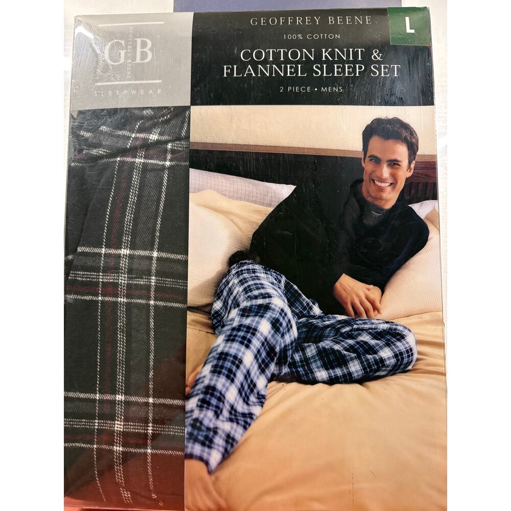 Geoffrey Beene Men’s Pajama Set Large Cotton Knit Top Flannel Pants NIP